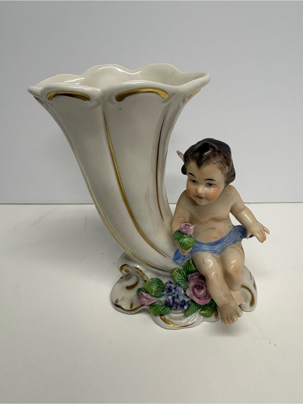 Vintage Porcelain Cherub Cornucopia Vase in White and Gold
